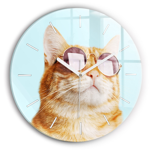 Round glass clock Funny cat with glasses