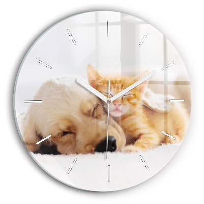 Round glass clock Sleeping cat and dog