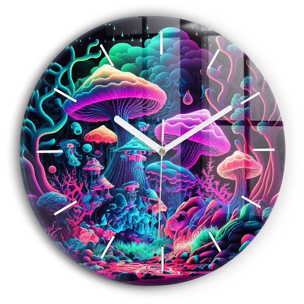 Round glass clock Neon mushrooms