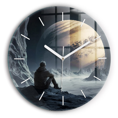 Round glass clock Man in front of the moon