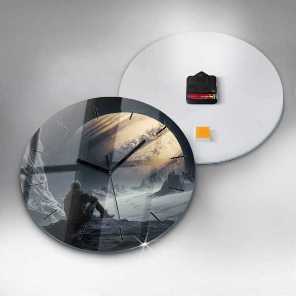 Round glass clock Man in front of the moon