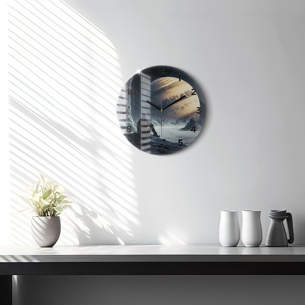 Round glass clock Man in front of the moon