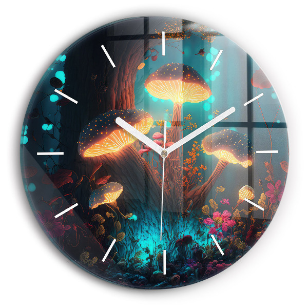Round glass clock Forest and magic mushrooms