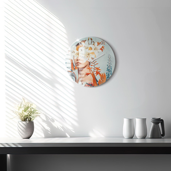 Round glass clock Woman with flowers