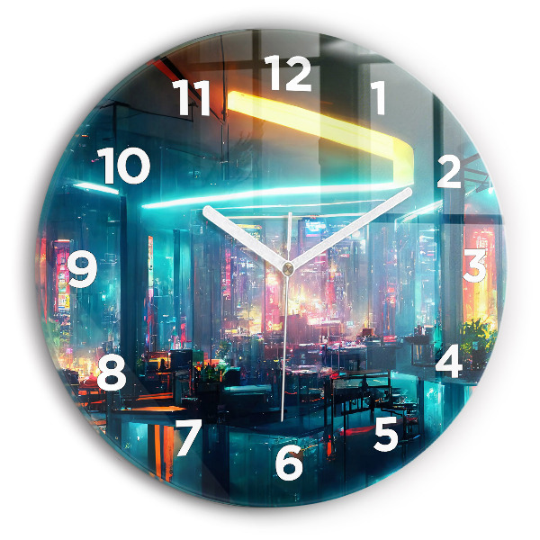 Round glass clock Cyberpunk style city