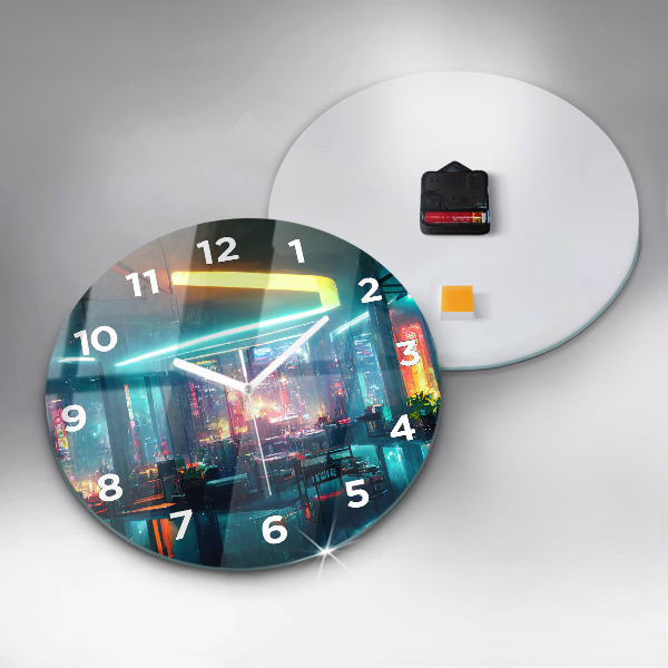 Round glass clock Cyberpunk style city
