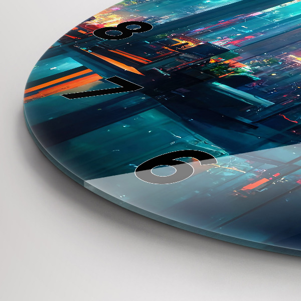 Round glass clock Cyberpunk style city