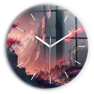 Round glass clock Magical forest and mountains