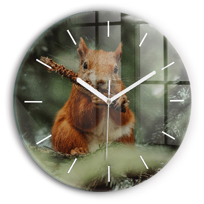 Round glass clock Squirrel and wild nature