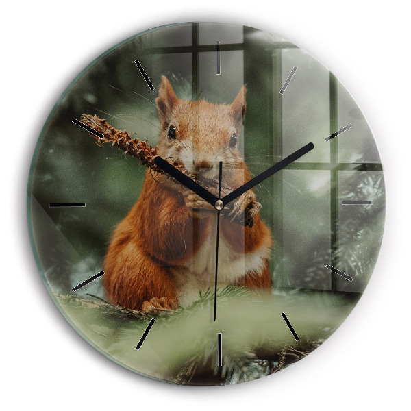 Round glass clock Squirrel and wild nature