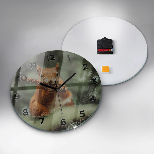 Round glass clock Squirrel and wild nature