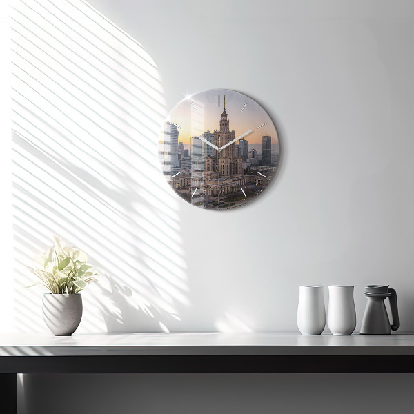 Round glass clock Panorama of Warsaw