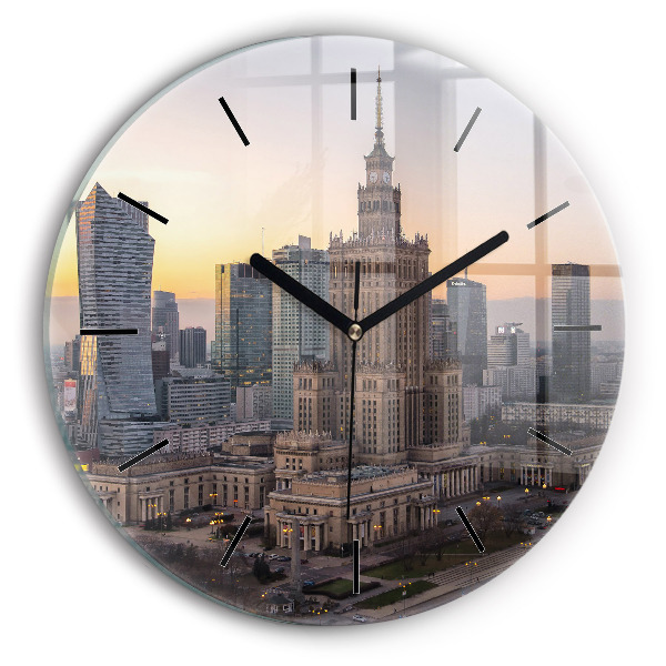 Round glass clock Panorama of Warsaw