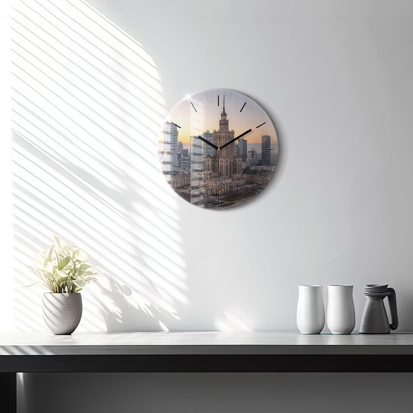 Round glass clock Panorama of Warsaw
