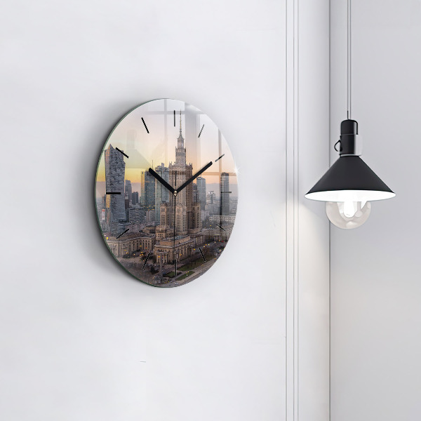 Round glass clock Panorama of Warsaw