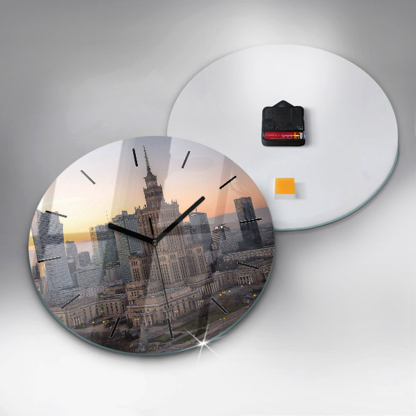 Round glass clock Panorama of Warsaw