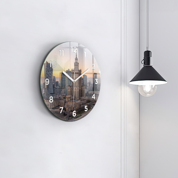Round glass clock Panorama of Warsaw