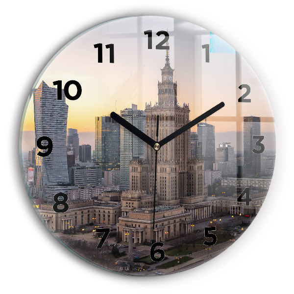 Round glass clock Panorama of Warsaw