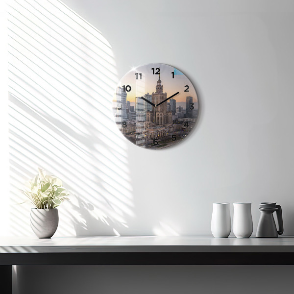 Round glass clock Panorama of Warsaw