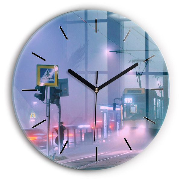 Round glass clock Warsaw in the fog