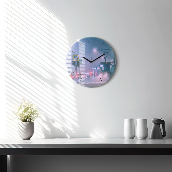 Round glass clock Warsaw in the fog