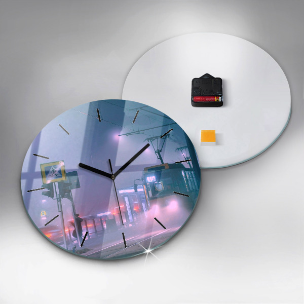 Round glass clock Warsaw in the fog