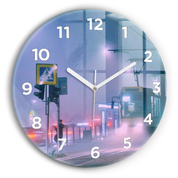 Round glass clock Warsaw in the fog