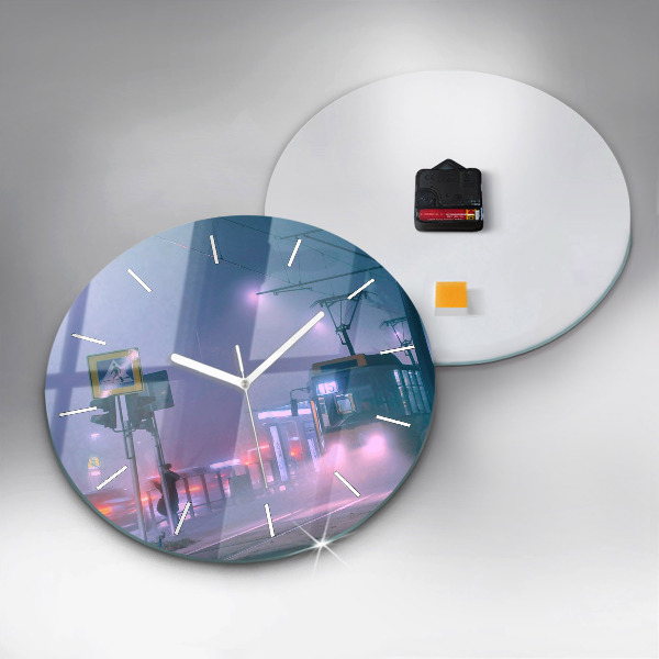 Round glass clock Warsaw in the fog