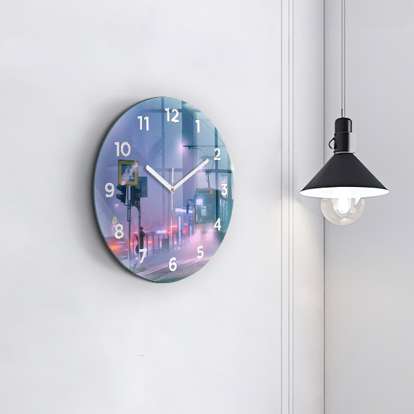 Round glass clock Warsaw in the fog