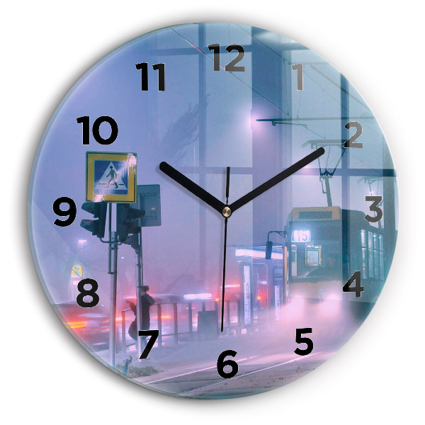 Round glass clock Warsaw in the fog