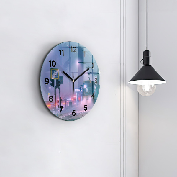 Round glass clock Warsaw in the fog
