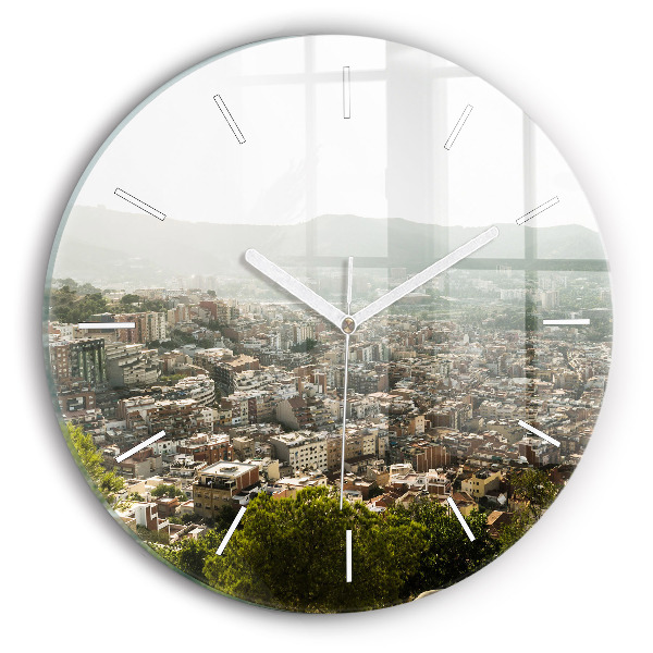 Round glass clock Barcelona view Montjuic