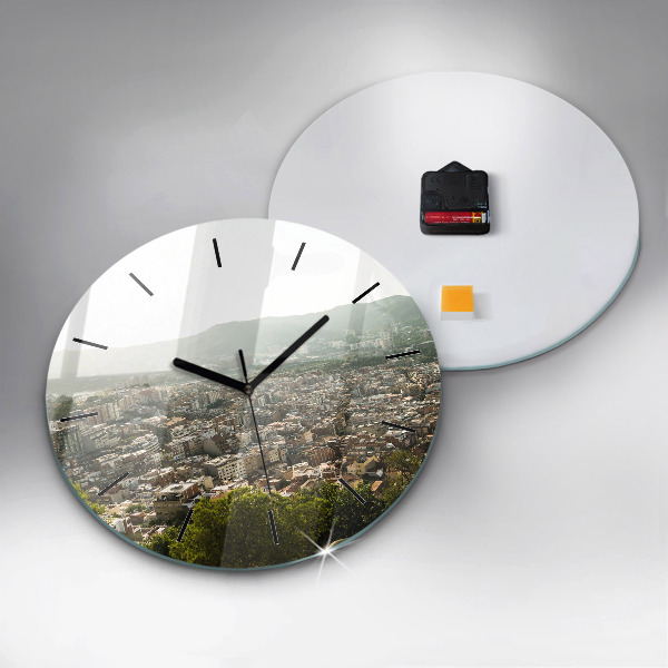 Round glass clock Barcelona view Montjuic