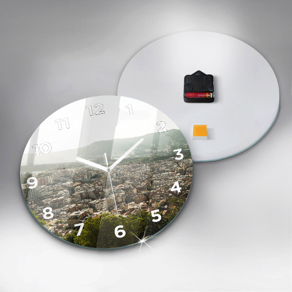 Round glass clock Barcelona view Montjuic