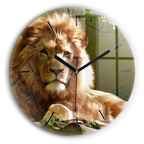 Round glass clock Portrait of a Lion