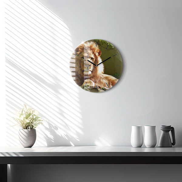 Round glass clock Portrait of a Lion