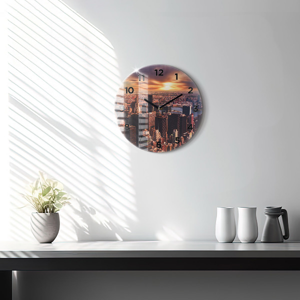 Round glass clock Panorama of the city west