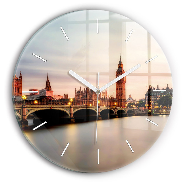 Round glass clock Big Ben London panorama