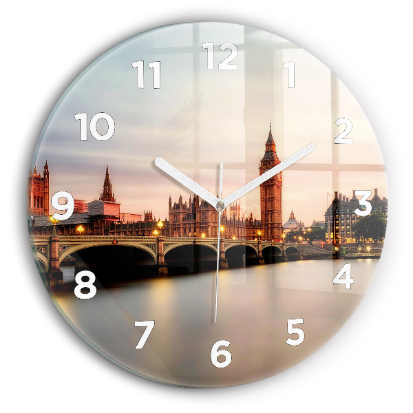 Round glass clock Big Ben London panorama