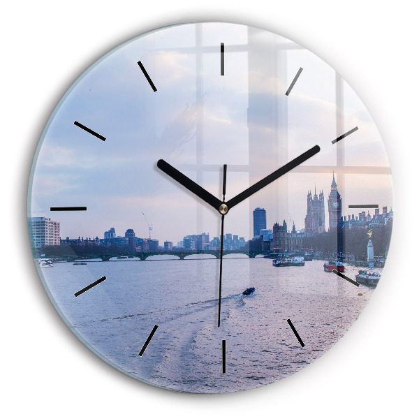 Round glass clock London Eye city panorama