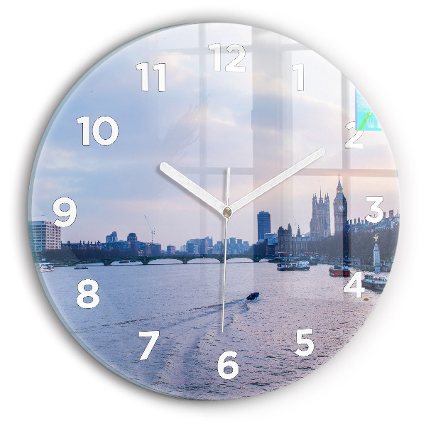 Round glass clock London Eye city panorama