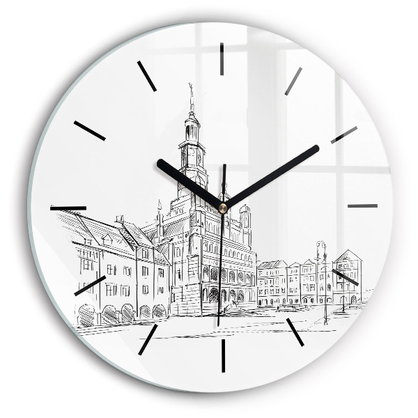 Round glass clock Sketch of the old town of Poznań