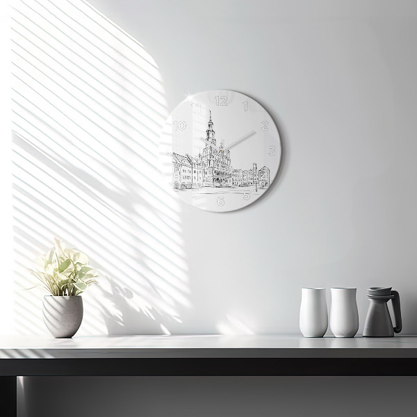 Round glass clock Sketch of the old town of Poznań