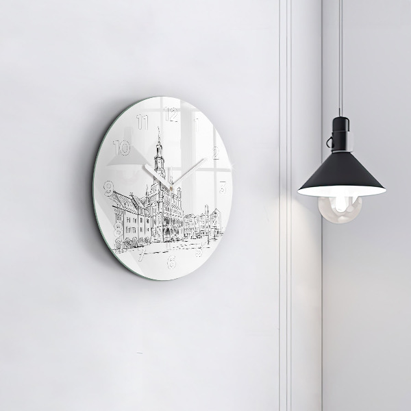 Round glass clock Sketch of the old town of Poznań