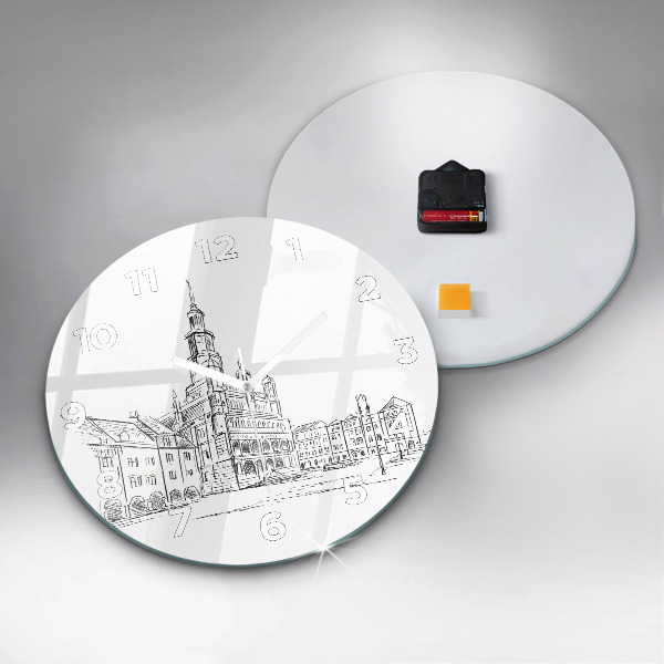 Round glass clock Sketch of the old town of Poznań