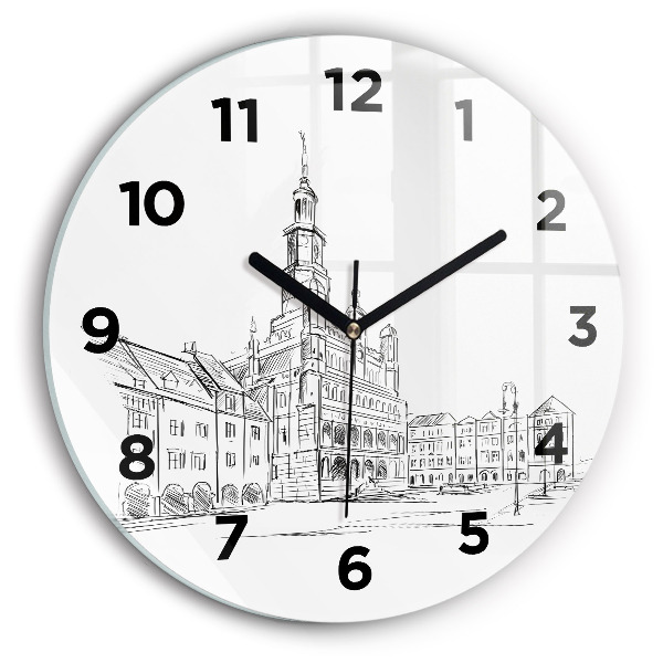 Round glass clock Sketch of the old town of Poznań