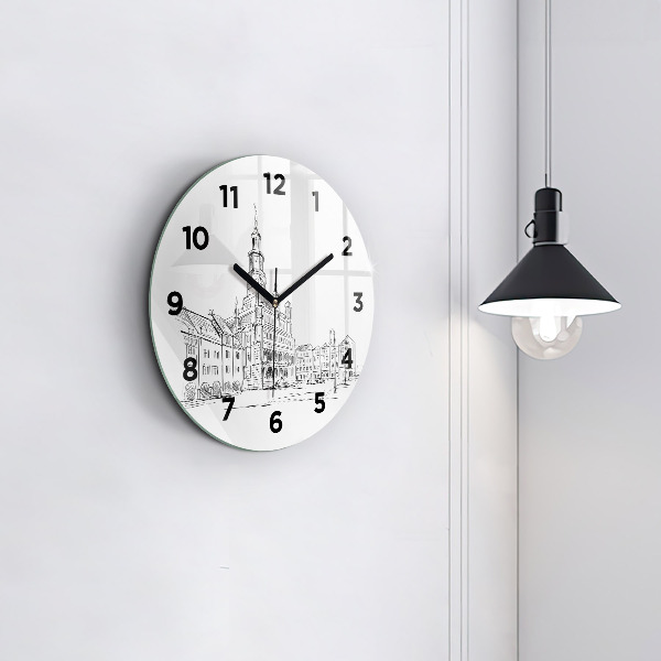 Round glass clock Sketch of the old town of Poznań