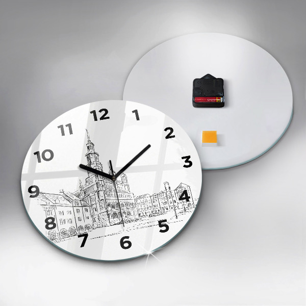 Round glass clock Sketch of the old town of Poznań