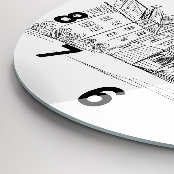 Round glass clock Sketch of the old town of Poznań