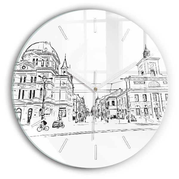 Round glass clock Illustration of the city of Poznań